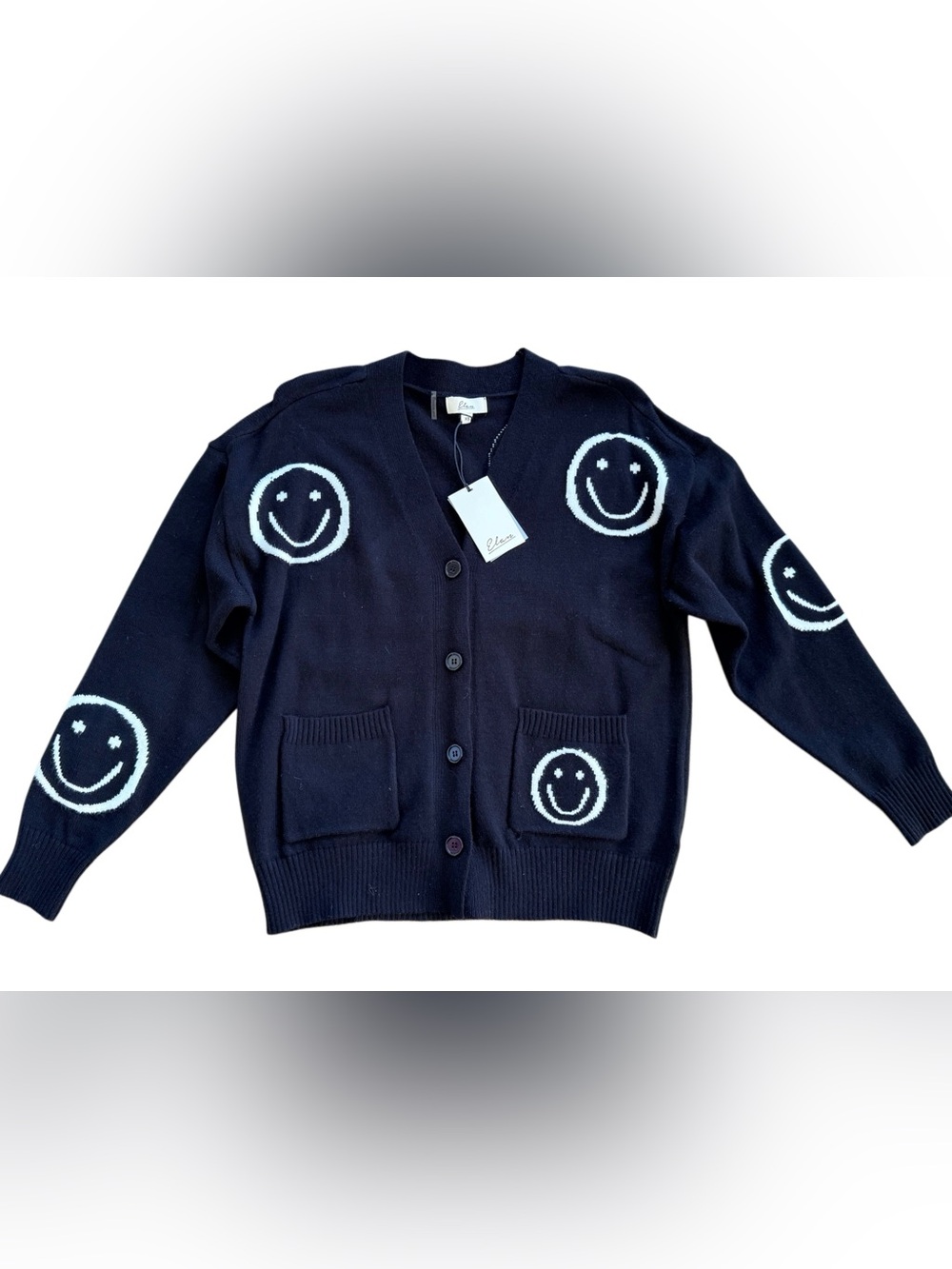ELAN Black Smiley Face Cardigan NEW!! Size XS